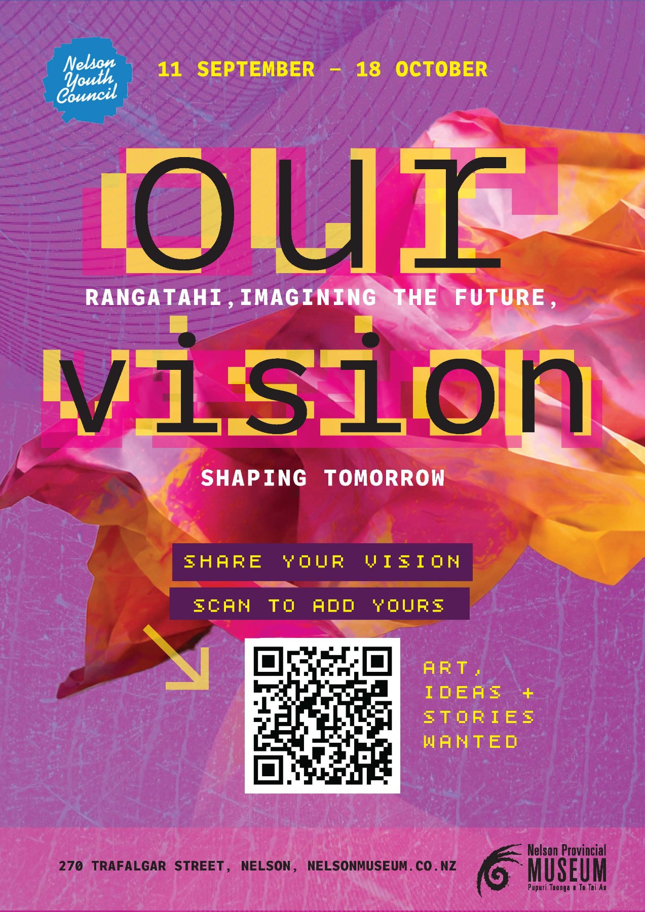 Poster for Our Vision Exhibition which will run from 13 September -18 October 2026. Running in partnership with the Nelson Museum. QR code attached which directs artists to the sign up page