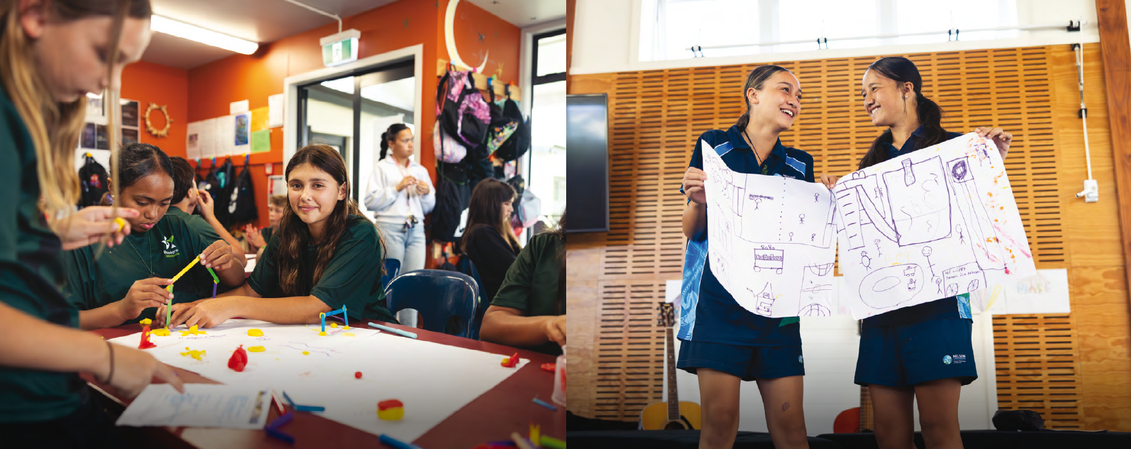 Images of students creating their dream playspaces through drawings, miniature models